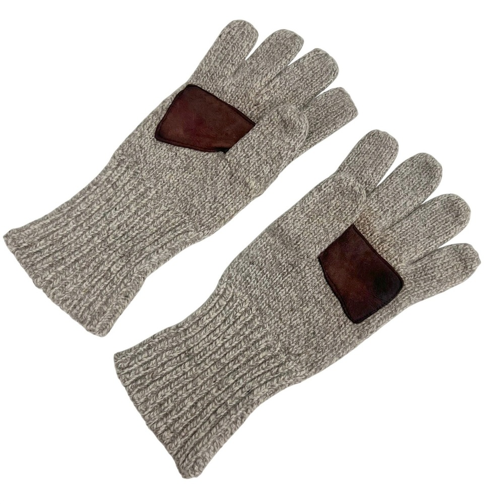 Vintage Wool Blend Knit Gloves Genuine Leather Palm Patch Oatmeal Grey OS